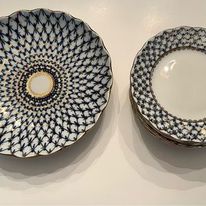 Lomonosov Imperial Porcelain Cobalt Net Serving Plate and Dessert Plates
